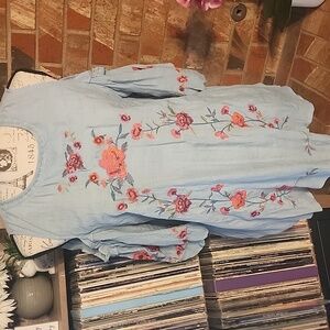 Umgee Light Blue Blouse with Pink Floral Embroidery